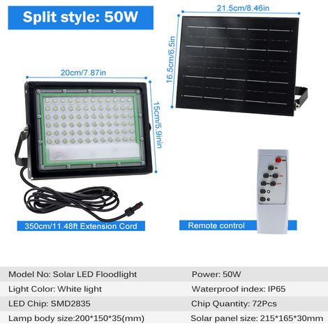 Intelligente solar LED-Gartenlampe – Wasserdichte Gartenbeleuchtung mit Lichtsensor, faltbarem Solarpanel, 50 W Leistung, kaltweißes Licht