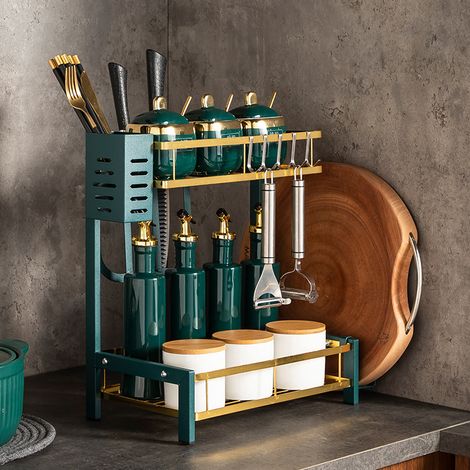 Support Rangement Cuisine avec Porte-Couteaux, Porte-Ustensiles, Support Planche à Découper, Organisateur Étagère à Épices (1/4)