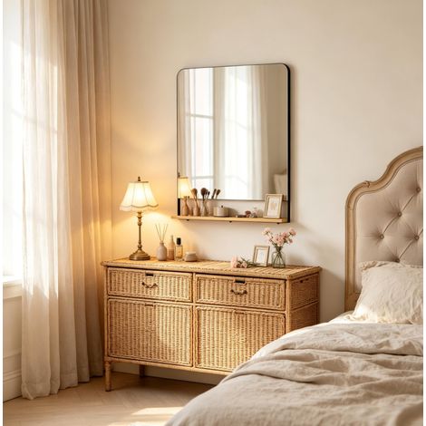 Miroir mural rectangulaire 80x60 cm en verre, métal et bois noir avec étagère pour entrée – MEUBLIV (1/5)