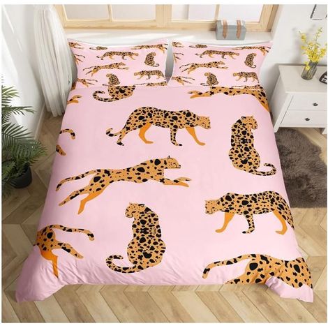 Léopard Parure de Lit Wildlife Housse de Couette 140x200cm Rose Brun Léopard Ensemble de Literie Microfibre pour Réversible - QD8 (1/4)