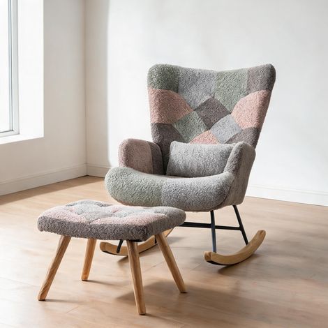 Fauteuil à bascule multicolore en bois et velours avec coussin (1/5)
