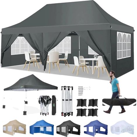 Gazebo, Tissu Imperméable, Hauteur Réglable, Gris (1/2)