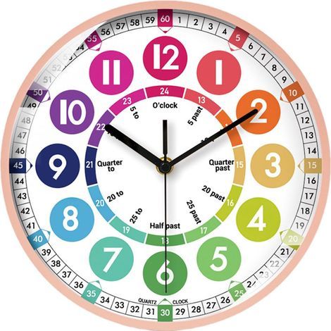 Horloge murale éducative à motif dessin animé pour le salon. les enfants de maternelle. outil pédagogique pour apprendre l'heure. cadran d'éveil - cadre rose - crayons de couleur (25 cm) (1/5)