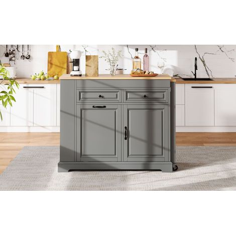 Îlot de cuisine gris sur roulettes en MDF avec plateau extensible, compartiment poubelle et tiroirs pour cuisine et salle à manger (1/5)