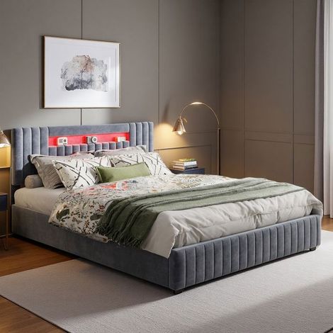 Bett 140x190 cm, verstellbare LED, hydraulisch, modern, Bettgestell 140x190 cm, Samt, grau
