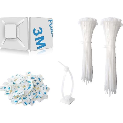 Colliers de serrage 150 mm x 2,5 mm, 150 mm, en nylon, lot de 100 + supports adhésifs pour colliers de serrage, 20 mm, autocollants, blanc (1/5)