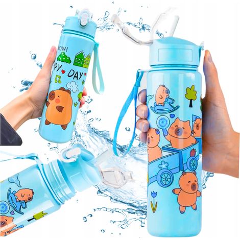 Botella de agua Capybara con pajita para niños, ideal para llevar al colegio, 690 ml. (1/5)