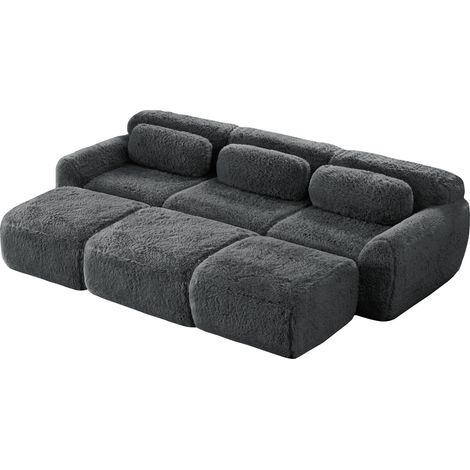 Divano modulare 3 posti grigio in tessuto peluche effetto nuvola con 3 pouf (1/5)