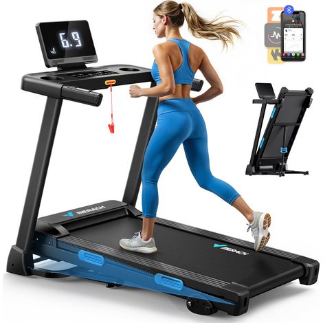 Merach – Tapis de course pliable 0.8-12 km/h – Inclinaison 3 niveaux – Écran LED – Compatible avec application – Système d'absorption des chocs