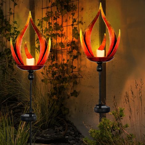 Solarleuchte Solarlampe Außenleuchte Flammenoptik Gartenleuchte Außenlampe Eingangsbereich, Metall schwarz, 1x LED, DxH 18x93 cm, 2er Set