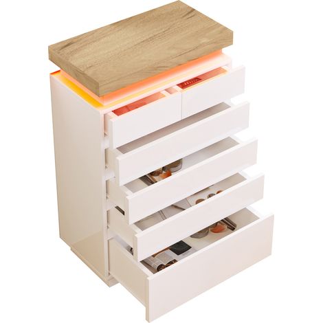 Cómoda con 6 Cajones y LED con Modo Música, Control por App, Acabado Brillo, 73×39×115 cm, Blanco, de Tablero (1/5)