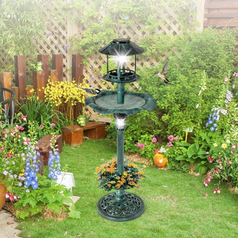 Bain d'Oiseaux Énergie Solaire Décoration d'Extérieur sur Pied Rétro Éclairé avec 2 Lampes Jardinière de Fleurs Mangeoire Abreuvoir (1/2)