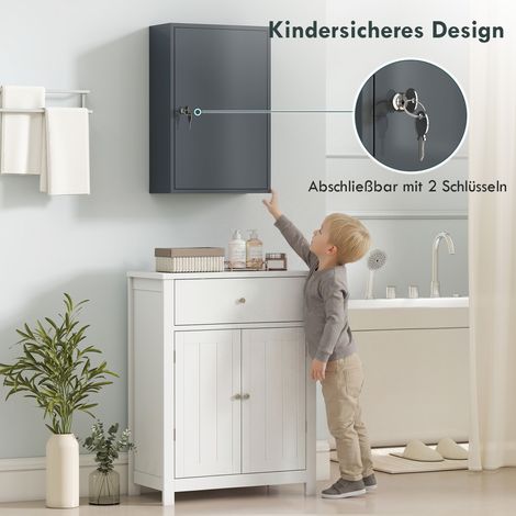 Armoire murale de toilette, rangement salle de bain 3 tablettes, 2 clés, 40 x 18 x 60 cm, couleur grise (1/4)