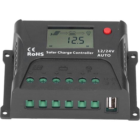 Régulateur de charge solaire PWM 10A 12V/24V détection automatique IP30 étanche noir pour camping-cars et bateaux (1/5)