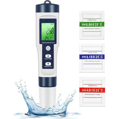 PH TDS Meter, 5 in 1 Water Quality Tester PH/TDS/EC/Salt/Temperature TDS Meter LCD Green Backlight for Pool/Aquarium/Pond