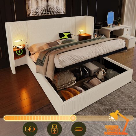 Letto 160x200 cm beige in tessuto a coste con contenitore, senza materasso - MEUBLIV (1/5)