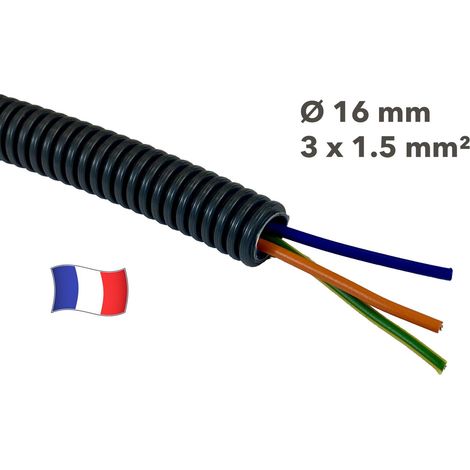 Gaine électrique préfilée 5 mètres diam 16 avec 3 fils Bleu, Vert/Jaune, Orange 1.5 mm² - PREFA ELEC (1/2)