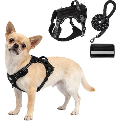 Harnais pour Chien avec Laisse et Sac pour Chiens, Harnais de Poitrine Rembourré et Souple, Harnais avec Poignée, Harnais pour Les Promenades et Le Dressage (Noir, S) (1/5)