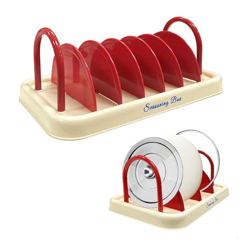 Rangement Casserole Range Couvercle, Rangement Assiettes Placard, Range Assiette Amovible pour Tiroir, range Casserole Pouvant Accueillir Jusqu'à 7 Couvercles, Rouge et Blanc (1/5)