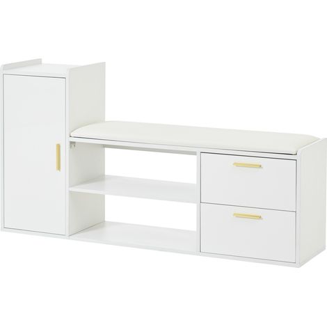 Banc de rangement à chaussures blanc laqué avec coussin, 2 tiroirs et 1 armoire, 128x30x68 cm (1/5)