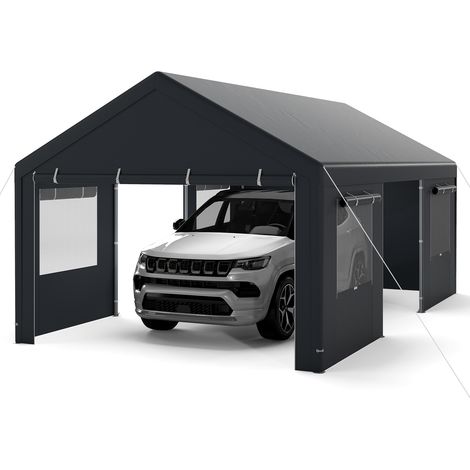 Abri de Voiture 363 x 600 cm, Tente de Garage avec Fenêtres Ventilées à Enroulement Parois Latérales et Portes Amovibles, Gris (1/5)