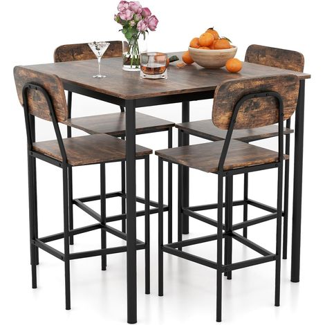 Costway – Ensemble table haute cuisine 90 x 90 cm et 4 tabourets avec dossier – Design compact – MDF et acier – Hauteur de siège 61,5 cm (1/5)