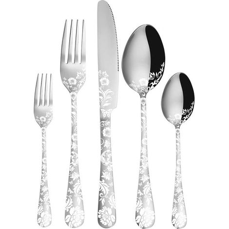 Set di posate in acciaio inox da 20 pezzi, per 4 persone, composto da coltello, forchetta e cucchiaio con finitura a specchio color argento, forchetta, cucchiaio e posate decorate, lavabile in lavasto