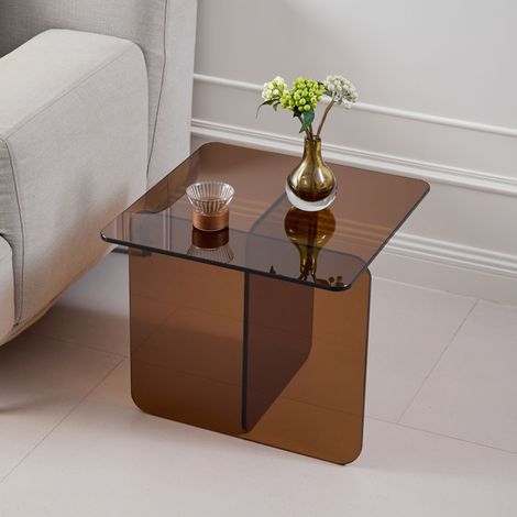 DESMIU Table d'appoint en verre trempé avec 1 espace ouvert pour salon et bureau, marron, 45 × 45 × 51 cm (1/5)