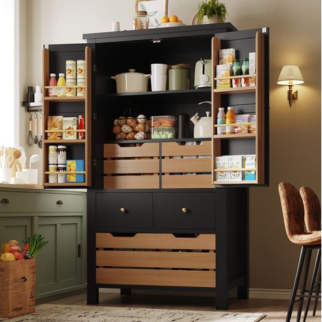 Credenza 80x40x140 cm in legno nero con contenitore per cucina e sala da pranzo - FLORAGRACE (1/5)