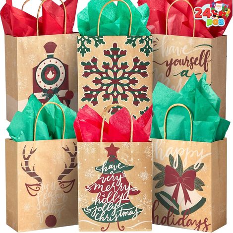 24 PCS Xmas Kraft Bags, Sacs cadeaux en papier avec des personnages de Noël pour les fêtes de Noël, sacs cadeaux, boîtes à friandises et cadeaux 7.25x9x3.5 Inch (pas de papier de soie inclus) (1/5)