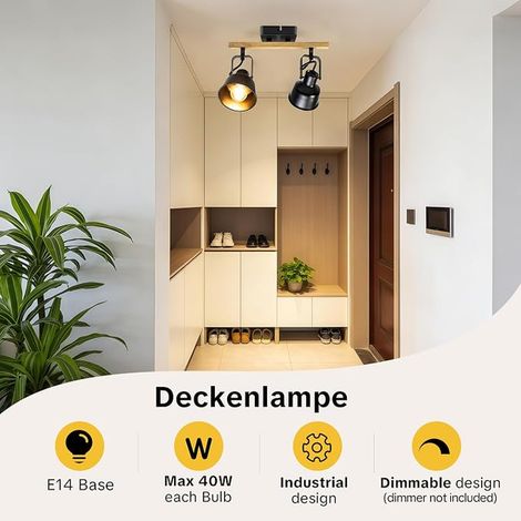 Industrial Ceiling Light Spotlights Rails Adjustable LED Spotlights E14 Socket Indoor Lighting Rectangular Wooden Base Kitchen Bedroom Living Room Black without Bulb (1/4)