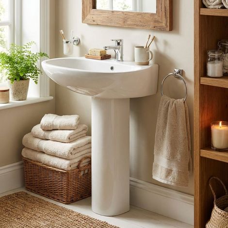 Lavabo sur colonne céramique blanche 55x46,5 cm – Hauteur 83 cm – Installation au sol – Design compact pour salle de bains moderne