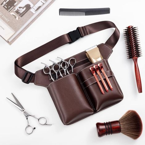Sacoche pour ciseaux de coiffure en similicuir marron avec bandoulière, idéale pour les salons de coiffure et les spas. (1/5)