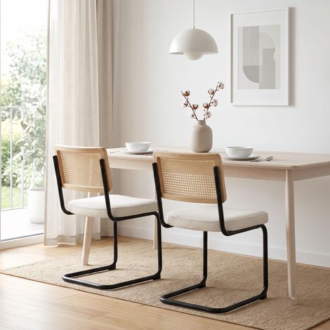 Lot de 2 Chaise dossier rotin Design Mid-Century, Tissu Chenille Ivoire et Dossier Cannage - Assise Rembourré, Pieds Métal - Beige (1/5)