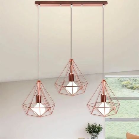 U-Do 3 Têtes Lustre Longue pôle Suspension Luminaire Réglable design Vintage Lampe Cage en Fer Or Rose pour Chambre Bureau (1/4)
