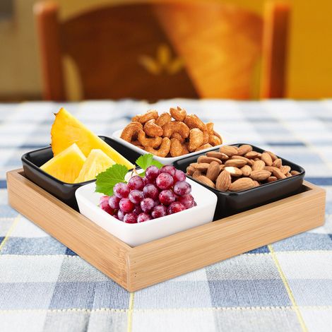 Multifunktionale, umweltfreundliche Schale mit unterteilten Fächern für Trockenfrüchte, Süßigkeiten, Snacks und Soßen (vier Fächer, 2 weiße, 2 schwarze) (1/5)