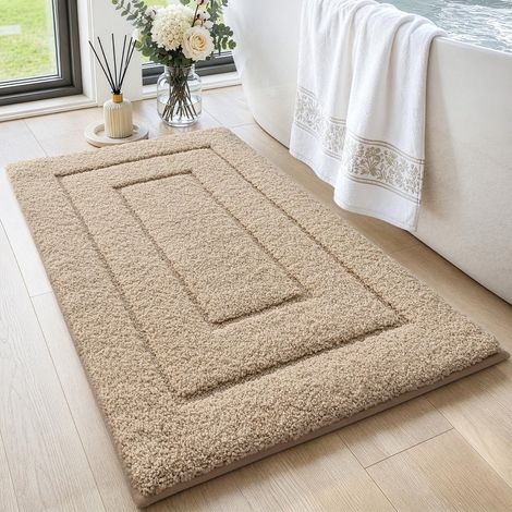 Tapis Salle de Bain Antidérapant Microfibre 50x80cm Beige  Microfibre Moelleuse, Super Absorbant, Extra Épais, Lavable en Machine, pour Douche et Baignoire (1/5)
