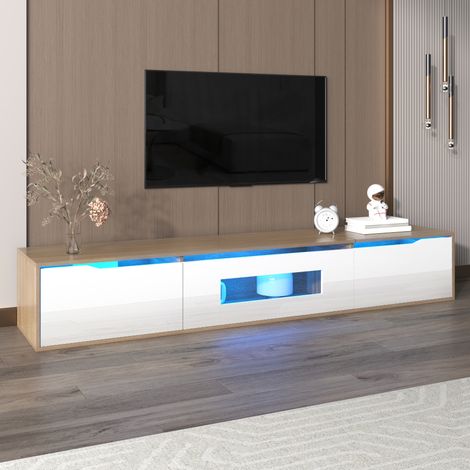 Mueble TV 180x30x35 cm con luces LED multicolor tres compartimentos de almacenamiento blanco brillante y color madera (1/5)