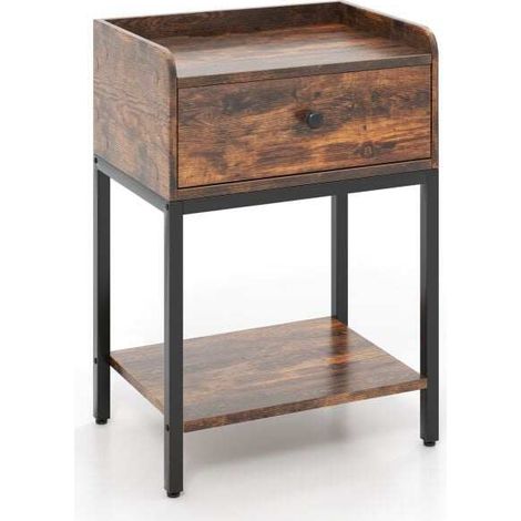 Table de chevet marron rustique en métal avec tiroir et étagère ouverte, pieds réglables pour chambre, salon et bureau (1/5)
