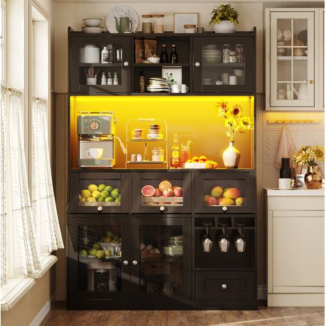 Meuble de cuisine haut 120 x 40 x 181,7 cm avec LED, USB et portes vitrées noir HAVRYA (1/5)
