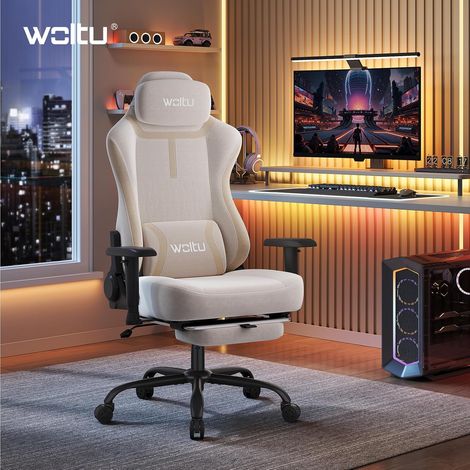 WOLTU Sedia da gaming - Sedia da ufficio ergonomica - Altezza regolabile Girevole - Braccioli Regolabili Supporto lombare e Poggiapiedi Estensibile- Capacità di carico 150 kg - Bianco Crema (1/5)