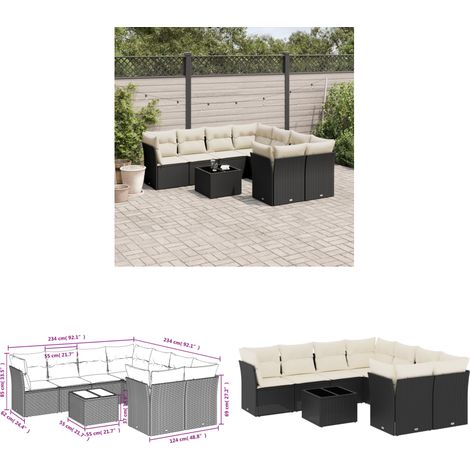 9-tlg. Garten-Sofagarnitur mit Kissen Schwarz Poly Rattan - Gartenmöbel - Esszimmerset - Outdoor Möbel - Rattan Sofa - Lounge Set - Home & Living
