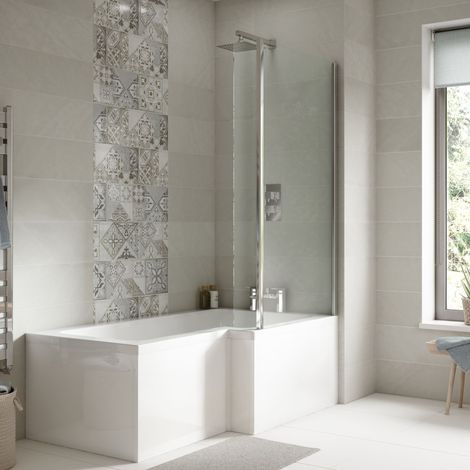 Nuie Square L-Shaped Shower Bath with Front Panel and Screen 1600mm x 700mm/850mm - Right Handed (1/5)