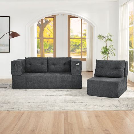 Canapé cloud modulaire sans assemblage,transformable en lit d’appoint. Poches latérales pour accessoires,adapté au salon en gris clair. (1/5)