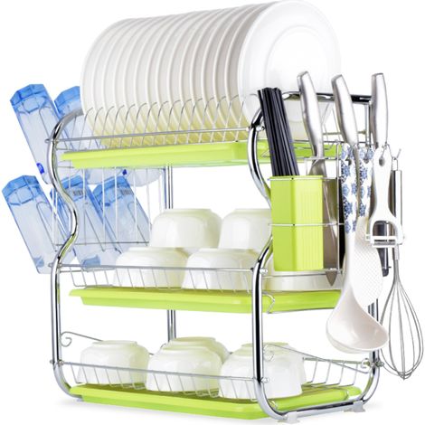 Égouttoir à vaisselle à 3 niveaux en acier avec plateau égouttoir amovible, porte-ustensiles et porte-tasses pour plan de travail de cuisine.