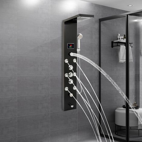 HAUTOUR Colonne de Douche Noir, Panneau de Douche Acier Inox Multifonction avec température LED, Système de douche avec douchette, Pluie, cascade, Mitigeur et Buses Massants (1/5)