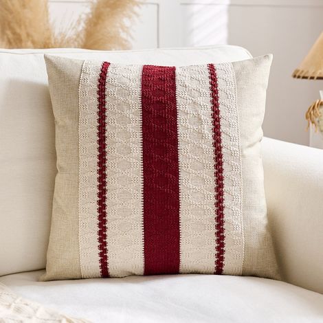 LAN Taie d'oreiller simple 45x45 à trois rayures bordeaux Taies d'oreiller en coton et lin, coussins de tête de lit, taies d'oreiller pour salon (modèle d'exposition), taies d'oreiller pour canapé (1/5)