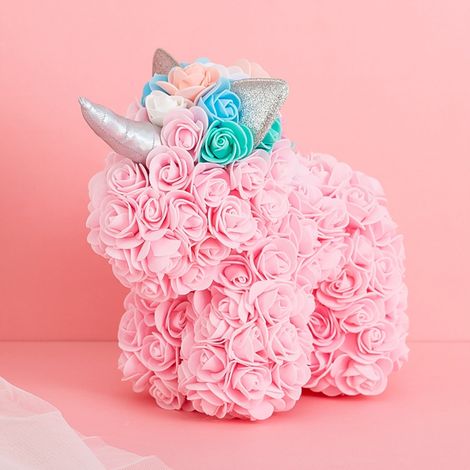 Strauß aus Rosen und Einhorn aus ewigen Blumen, duftende Seife (Geschenkbox), 25 cm Rose + Box, ideal für Valentinstag und Weihnachten. (1/5)