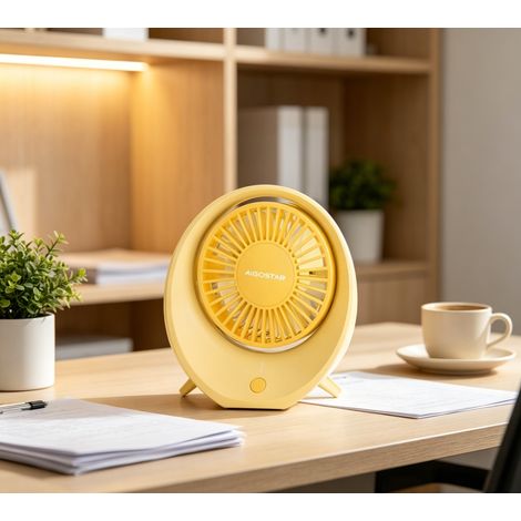 Ventilateur de table Aigostar 4 pouces 4 pales, outillage domestique rechargeable 1200mAh, 3 vitesses de ventilation fonction silencieuse et portable, couleur crème jaune, pour bureau chambre et maiso (1/3)