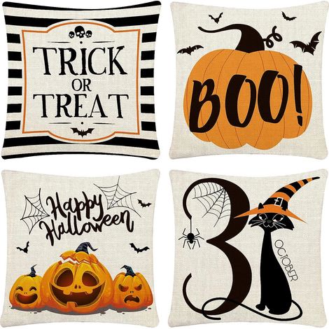 Housses d'oreiller jeter 18x18 ensemble de 4 housses d'oreiller Trick or Treat Happy Halloween canapé-lit décoration lin housse de coussin Halloween (1/5)
